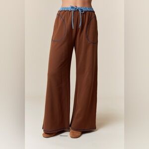 Fantastic Fawn Brown Wide-Leg Pants with Blue Trim